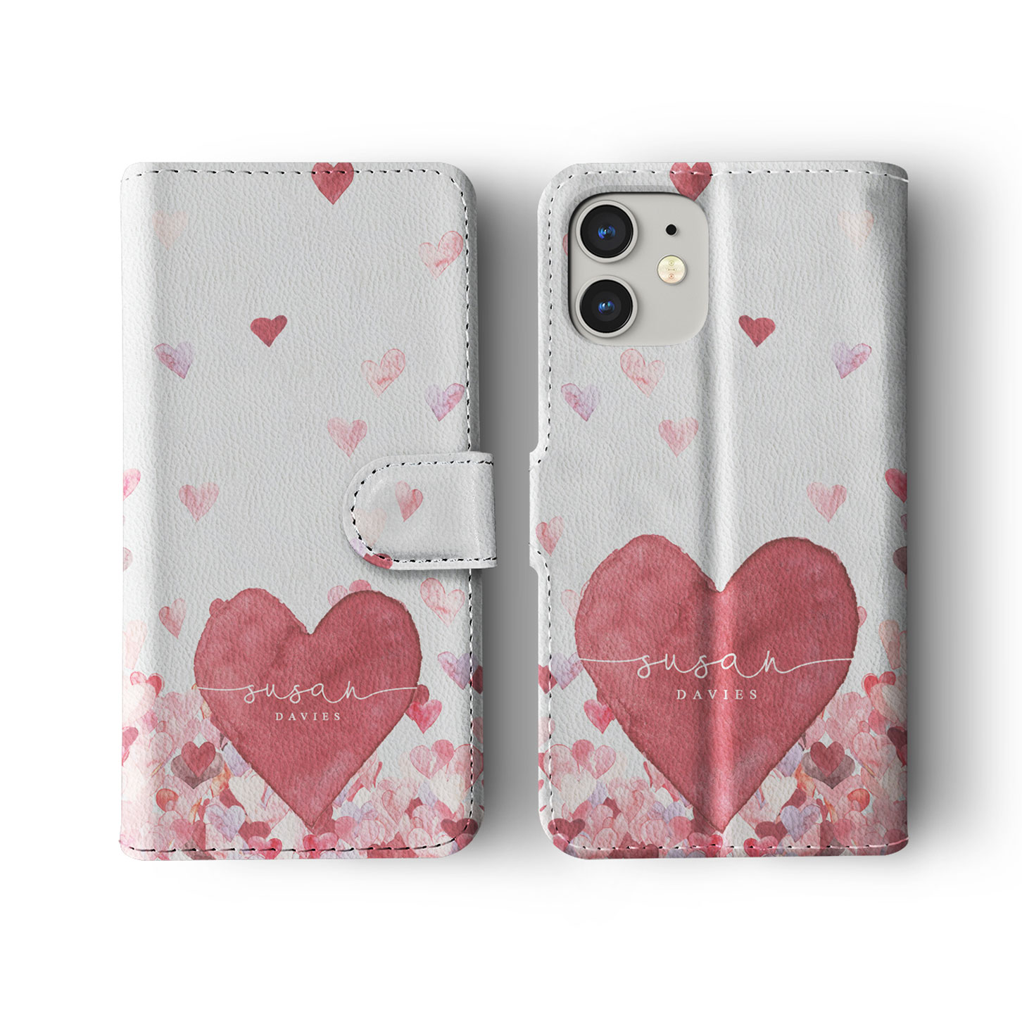Tirita Personalised Wallet Flip Case for iPhone 16 15 14 13 12 Hearts Pink Rain - Picture 2 of 26