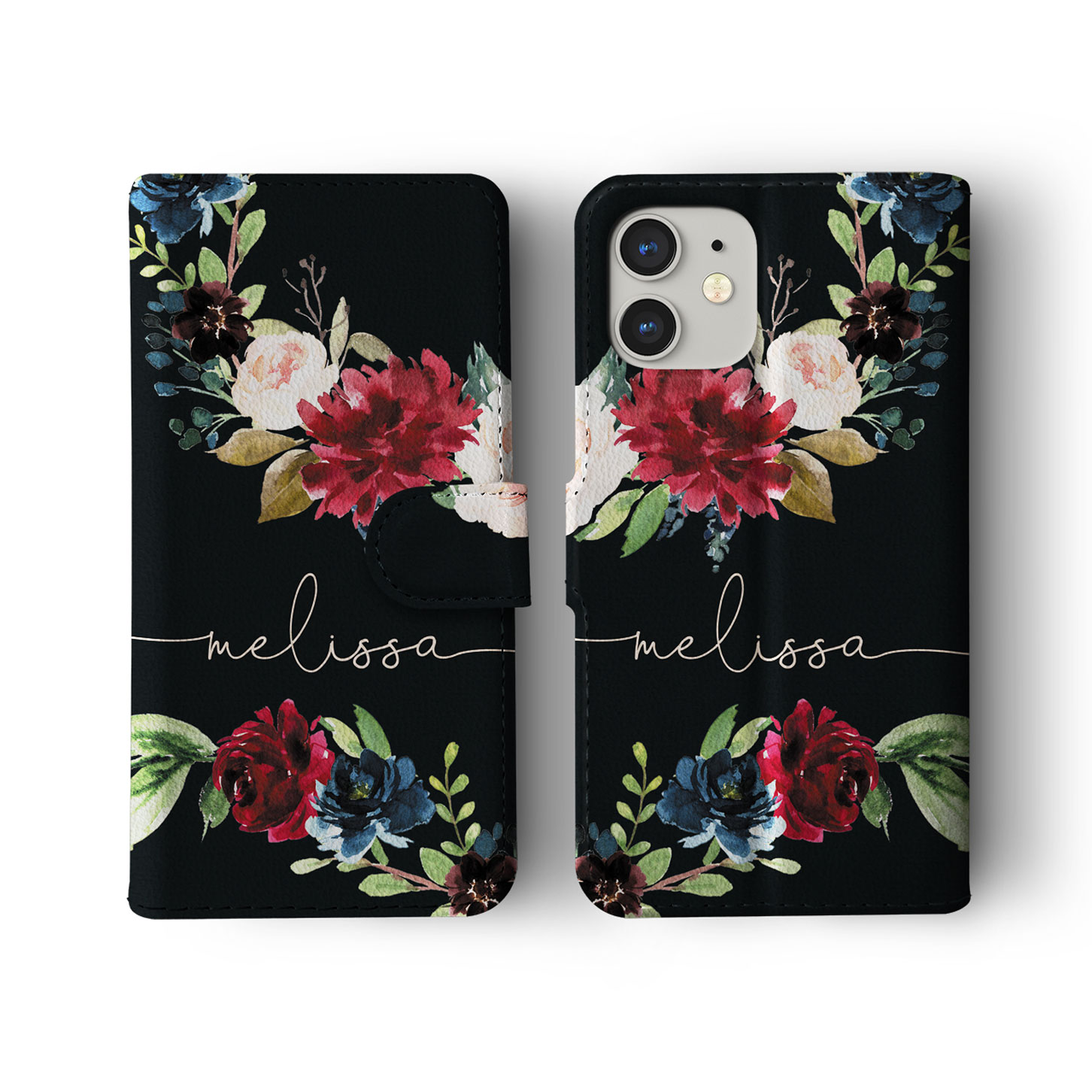 Tirita Personalised Wallet Flip Case for iPhone 14 13 12 11 8 Floral Roses Gold - Picture 2 of 26