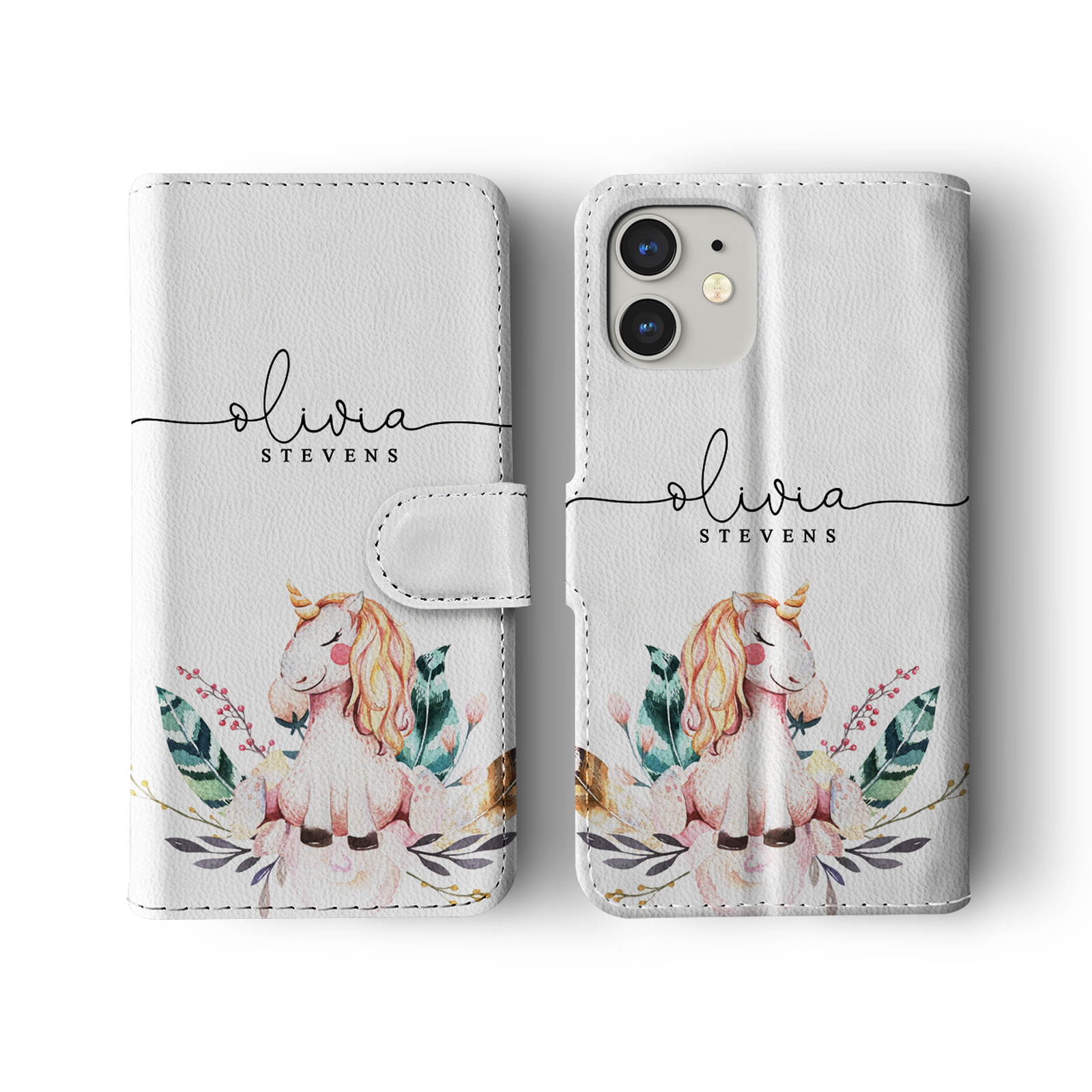 Tirita Personalised Wallet Flip Case for iPhone 16 15 14 13 12 Floral Unicorns - Picture 2 of 26